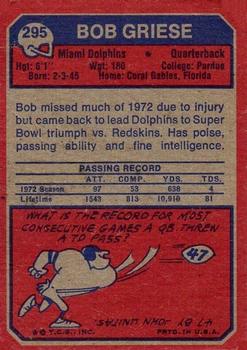 1973 Topps #295 Bob Griese Back