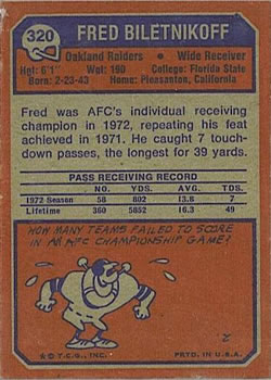1973 Topps #320 Fred Biletnikoff Back