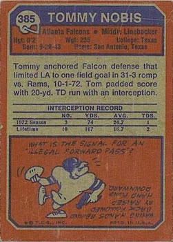 1973 Topps #385 Tommy Nobis Back