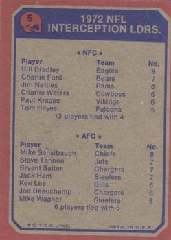 1973 Topps #5 1972 NFL Interception Leaders (Bill Bradley / Mike Sensibaugh) Back