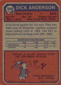 1973 Topps #240 Dick Anderson Back