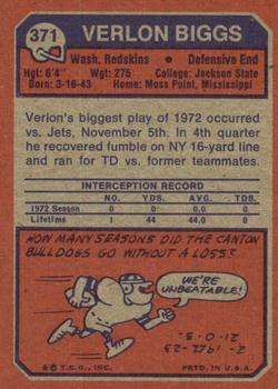 1973 Topps #371 Verlon Biggs Back