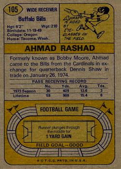 1974 Topps #105 Ahmad Rashad Back