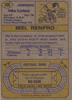 1974 Topps #106 Mel Renfro Back