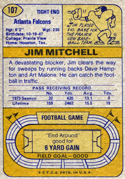 1974 Topps #107 Jim Mitchell Back