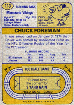 1974 Topps #113 Chuck Foreman Back