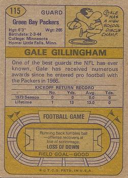 1974 Topps #115 Gale Gillingham Back