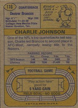 1974 Topps #116 Charley Johnson Back