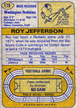 1974 Topps #119 Roy Jefferson Back