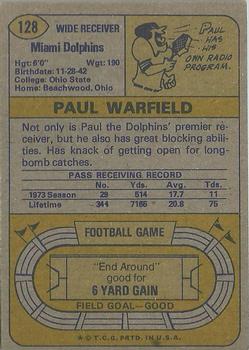 1974 Topps #128 Paul Warfield Back