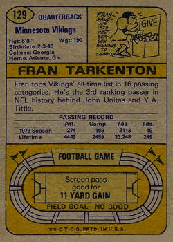 1974 Topps #129 Fran Tarkenton Back