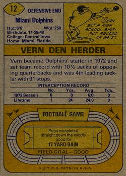 1974 Topps #12 Vern Den Herder Back
