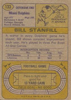 1974 Topps #133 Bill Stanfill Back