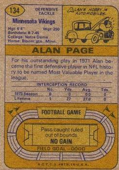 1974 Topps #134 Alan Page Back