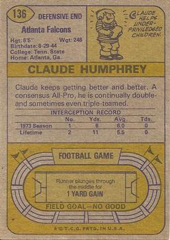 1974 Topps #136 Claude Humphrey Back