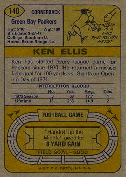 1974 Topps #140 Ken Ellis Back