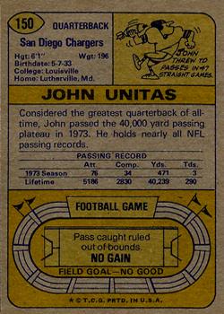 1974 Topps #150 John Unitas Back