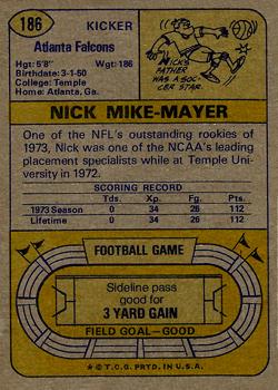 1974 Topps #186 Nick Mike-Mayer Back