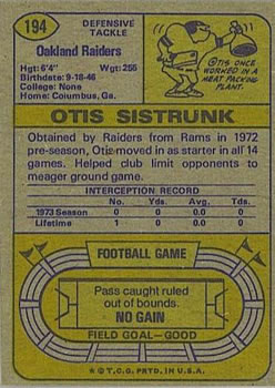 1974 Topps #194 Otis Sistrunk Back