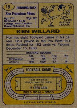 1974 Topps #19 Ken Willard Back