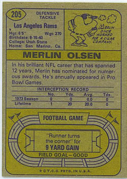 1974 Topps #205 Merlin Olsen Back