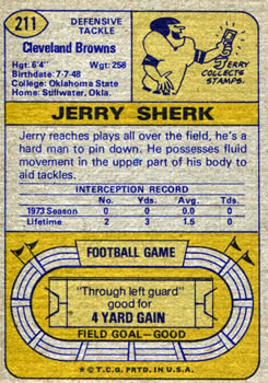 1974 Topps #211 Jerry Sherk Back