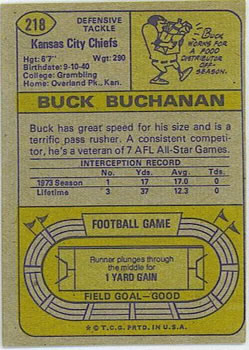 1974 Topps #218 Buck Buchanan Back