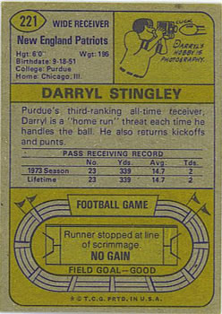 1974 Topps #221 Darryl Stingley Back