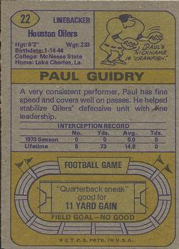 1974 Topps #22 Paul Guidry Back