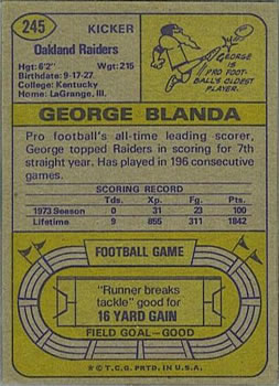 1974 Topps #245 George Blanda Back