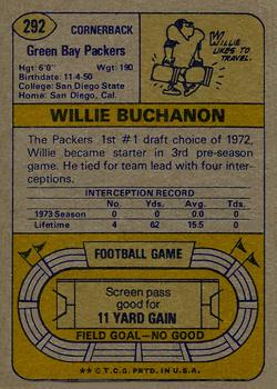 1974 Topps #292 Willie Buchanon Back