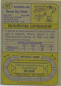 1974 Topps #297 Marvin Upshaw Back