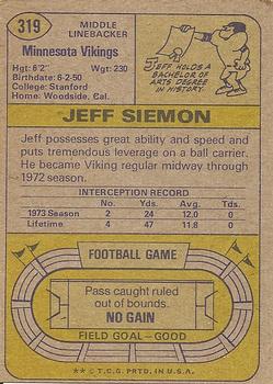 1974 Topps #319 Jeff Siemon Back