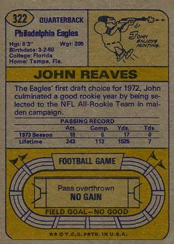 1974 Topps #322 John Reaves Back