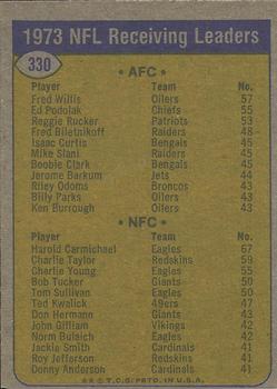 1974 Topps #330 1973 NFL Receiving Leaders (Fred Willis / Harold Carmichael) Back
