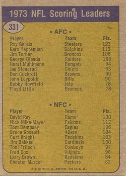 1974 Topps #331 1973 NFL Scoring Leaders (Roy Gerela / David Ray) Back
