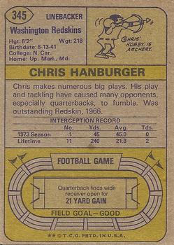 1974 Topps #345 Chris Hanburger Back