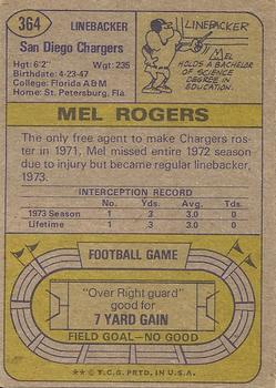 1974 Topps #364 Mel Rogers Back