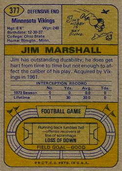 1974 Topps #377 Jim Marshall Back