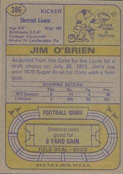 1974 Topps #386 Jim O'Brien Back