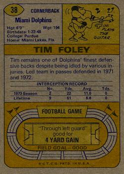 1974 Topps #38 Tim Foley Back
