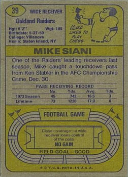 1974 Topps #39 Mike Siani Back