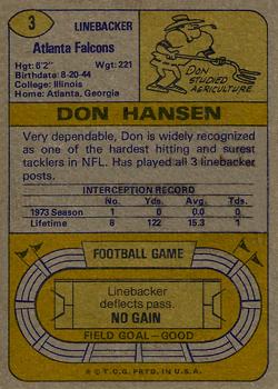 1974 Topps #3 Don Hansen Back