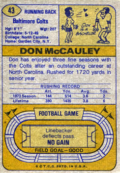 1974 Topps #43 Don McCauley Back