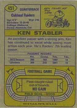 1974 Topps #451 Ken Stabler Back