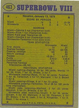 1974 Topps #463 Super Bowl VIII Back