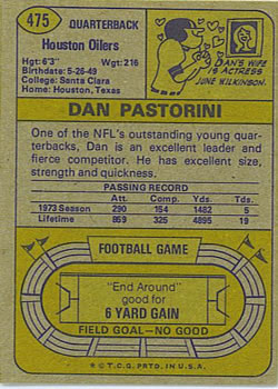 1974 Topps #475 Dan Pastorini Back