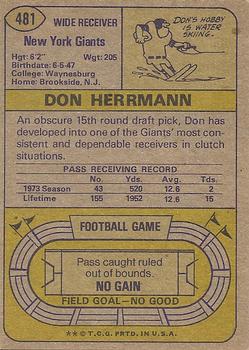 1974 Topps #481 Don Herrmann Back