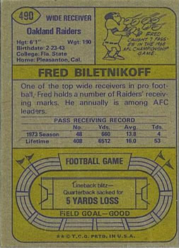1974 Topps #490 Fred Biletnikoff Back