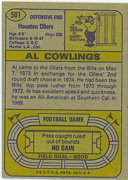 1974 Topps #501 Al Cowlings Back